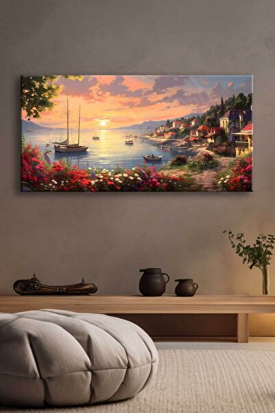 Voovart Sahil Kasabası Manzarası Dekoratif Kanvas Tablo - EC1020