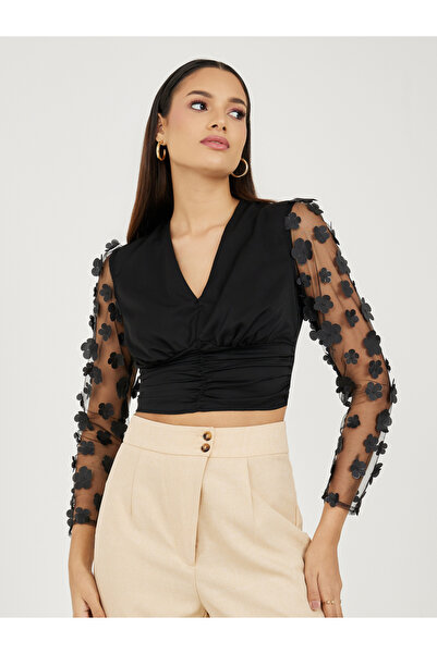 Styli Floral Applique Sheer Sleeves Gathered Detail Crop Top