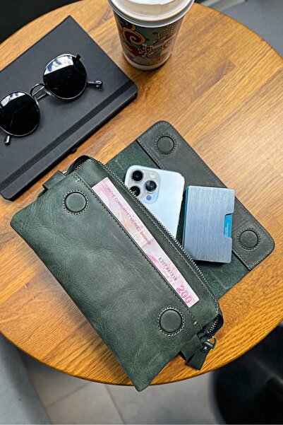 Noppa Geantă de mână mică unisex verde - piele naturală, fermoar, magnet și c...