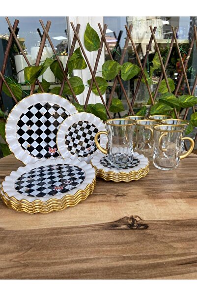 GÜRCÜGLASS 18 Pieces Checkered Tea Enjoyment with Handle