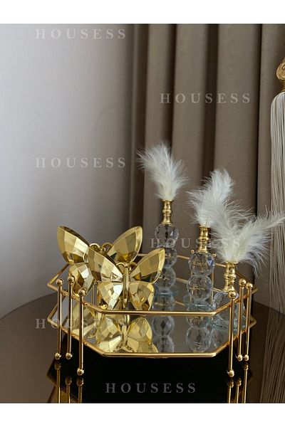 Housess قرص العسل بمرآة، وصينية تزيين ذهبية مع كرات رخامية، وحامل ريش 3 قطع، وفراشة قطعتين