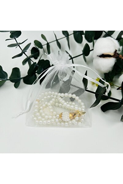 lenagiftworkshop 10 Adet Krem Hediyelik Tül Keseli Inci Tesbih (MEVLİD-HAC-UM...