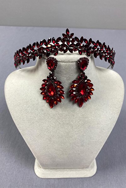 Limelia Coroană de henna Vera de mireasă burgundă și cercei subțiri și elegan...