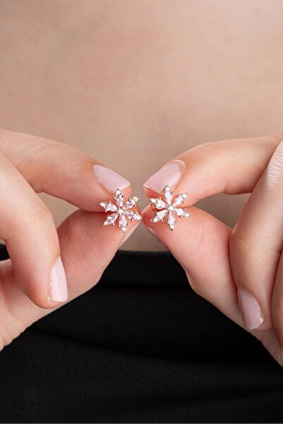 Nereze 925 Ayar Gümüş Pembe Taşlı Kamelya Çiçeği Küpe