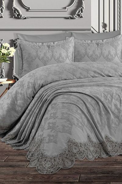 Çt Çeyizci Tekstil Double Bedspread and Pique Set 6 Piece Nylüfer - Gray