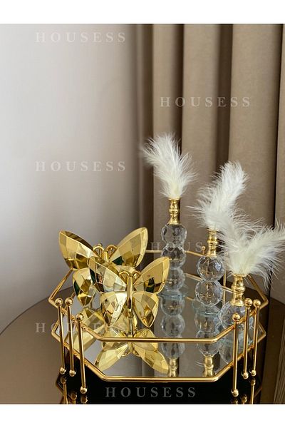 Housess قرص العسل بمرآة، وصينية تزيين ذهبية مع كرات رخامية، وحامل ريش 3 قطع، وفراشة قطعتين