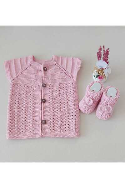 BEGİN طقم أطفال مكون من قطعتين من القطن العضوي الوردي المحبوك يدويًا - سترة