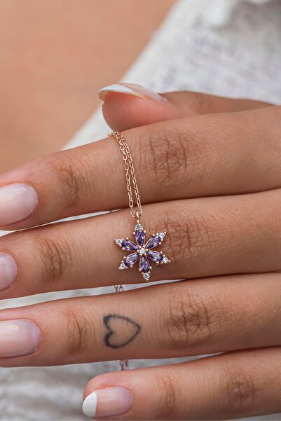 Nereze 925 Ayar Gümüş Mor Taşlı Lotus Kamelya Çiçeği Kolye