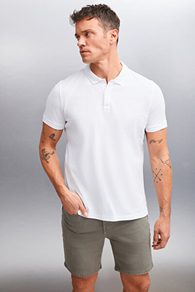 GRIMELANGE MARTEN Men's 100% Cotton Short Sleeve Regular Fit White Polo Collar T-shirt