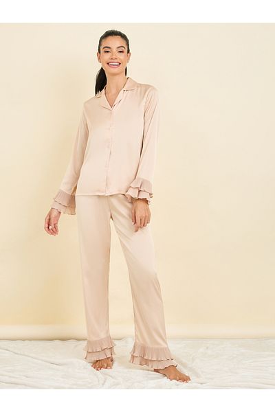 Styli Plisse Cuff Detail Satin Shirt & Pyjama Set