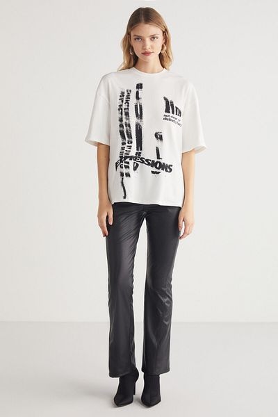 GRIMELANGE Rusia Women's Crew Neck Printed White T-shirt