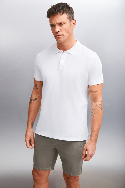 GRIMELANGE MARTEN Men's 100% Cotton Short Sleeve Regular Fit White Polo Collar T-shirt