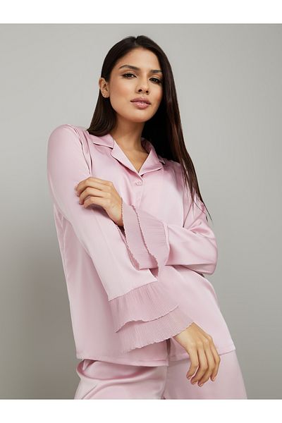 Styli Plisse Cuff Detail Satin Shirt & Pyjama Set