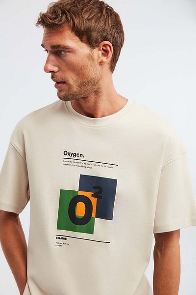 GRIMELANGE Prısmatıc Men's 100% Organic Cotton Special Thick Textured Breathable Oversize Printed Beige T-Shirt