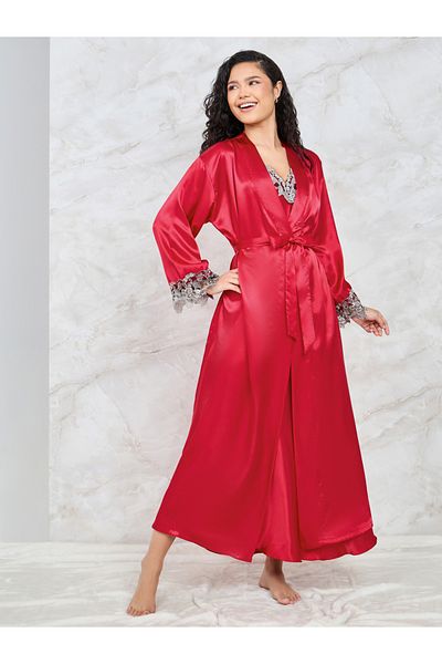 Styli Pack of 2 - Embroidered Trim Maxi Slip Dress & Robe