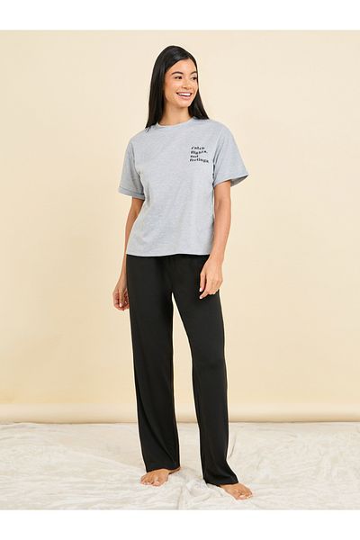 Styli Melange Slogan Print T-Shirt & Pyjama Set