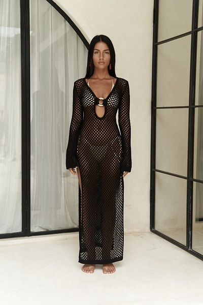 BOHEMAİ Schwarzes Strickkleid - Seychellen mit Holzring-Detail