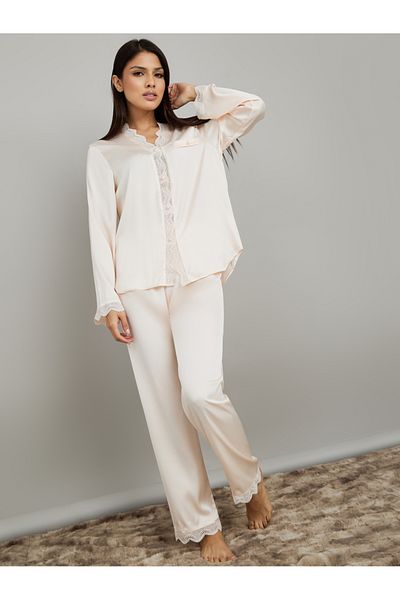 Styli Lace Edge Satin Button Through Shirt & Pyjama Set