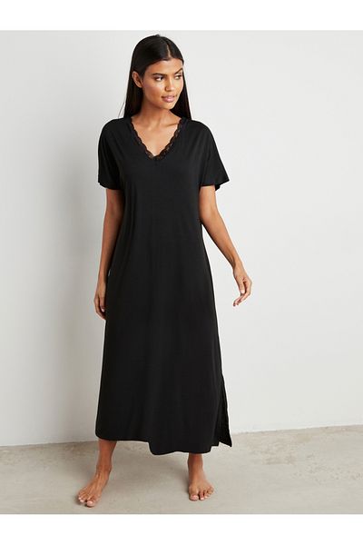 Styli Lace Trim V Neck Nightie with Slit Hem