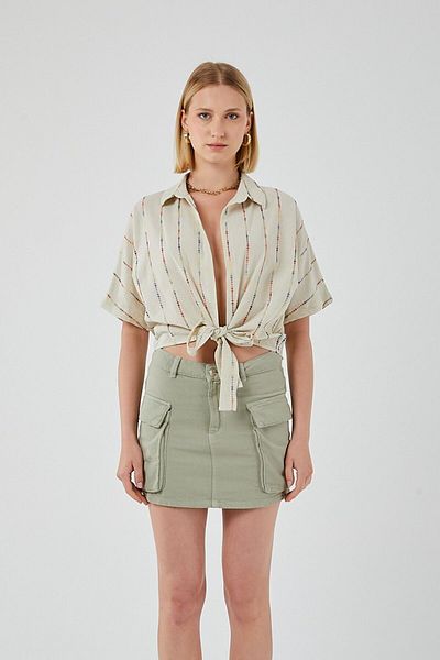 Mixray Ecru Linen Crop Shirt 4501 - Tie-Up Cut