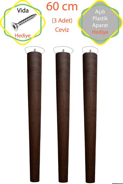 Evnalia Walnut 3 Pieces Luxury 60 cm Conical Wooden Table Leg Diameter: 4.2 cm Hobby DIY (with Screw and Appliances)