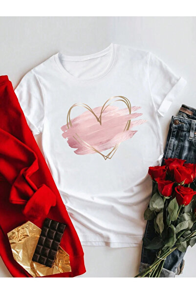 Mella&Co تي شيرت نسائي من القطن الممشط كبير الحجم مطبوع عليه قلب