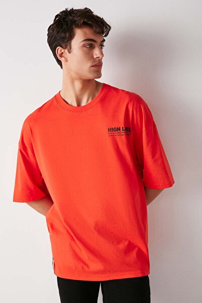 GRIMELANGE Hochwertiges Herren-T-Shirt in Oversize-Passform aus 100 % Baumwolle mit dickem, strukturiertem Aufdruck in Rot