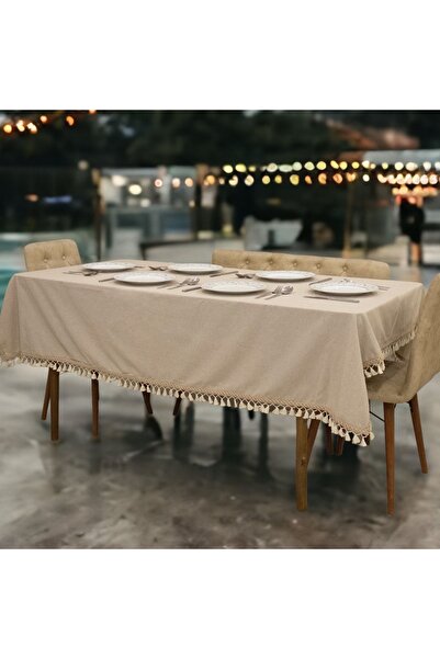 NDC HOME Beige Cotton Linen Brown Stripe Pompom Tablecloth