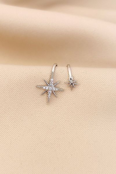 COSİTA Double North Star Zircon Stone Row Compression Cartilage Silver Color Earrings