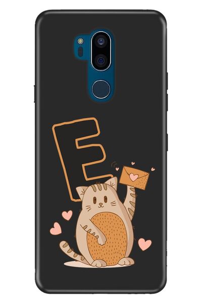 LG G7 ThinQ Uyumlu Kılıf Resimli Desenli Silikon Kedili E Harfi