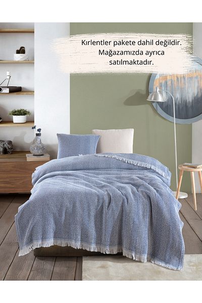 Lux Touch Lily Indigo Μονό Βαμβακερό Κρεβάτι με Φούντες - 145x200 cm Κάλυμμα Πικέ Καναπέ Πολυθρόνας
