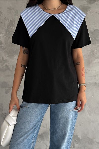 FEMELLE Tricou de damă din bumbac negru - Detaliat guler