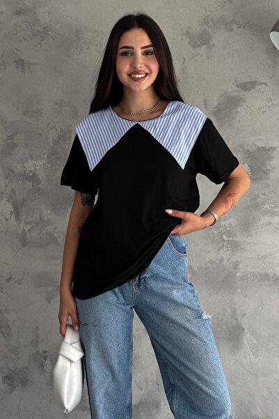 FEMELLE Black Cotton Women's T-Shirt - Collar Detailed