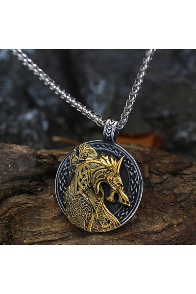 Viking Nordic Pattern Double Sided Dragon Design Mix Gold Nordic 316L Steel Necklace