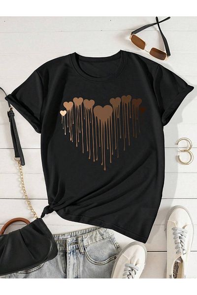 Mella&Co Tricou de damă cu imprimeu inimioare supradimensionat din bumbac pieptănat