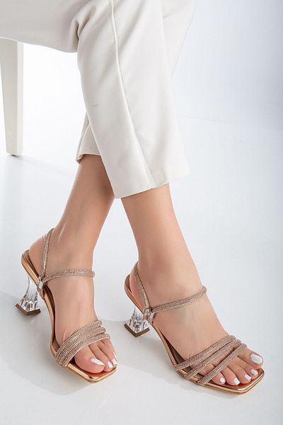 Tetaf Women's Copper Stone Detailed Transparent Heeled Evening Dress Shoes