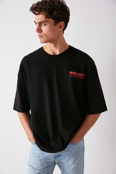 GRIMELANGE Hıgh Men's Oversize Fit 100% Cotton Thick Textured Printed Black T-shirt