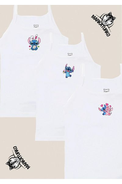 MarkaTurko Stitch Special Design Printed Passion Girl's Rope Strap 3-Piece Undershirt