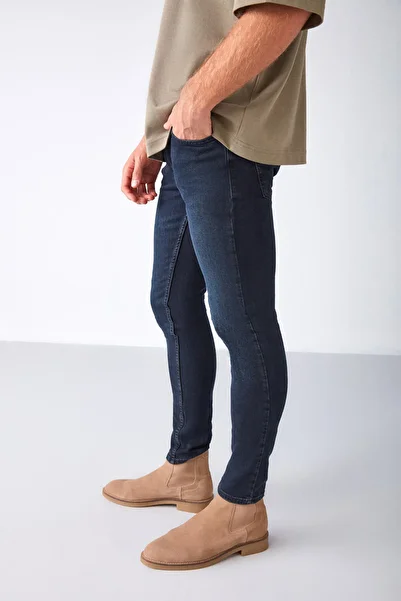 GRIMELANGE Johen Men's Skinny Fit Frayed Flexible Structured Thick Textured Denim Light Navy Jeans
