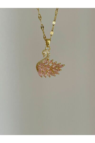 selinsjewelry Steel Pink Zircon Stone Swan Necklace