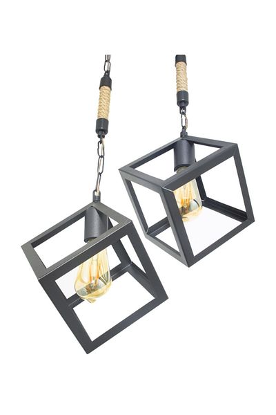 Lambadar Rope Rustic Retro Cube Model Metal Black Pendant Lamp Chandelier