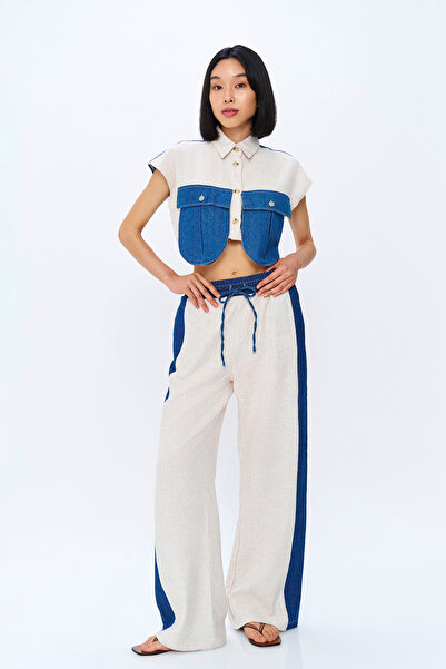 Quzu Φυσικό λινό παντελόνι - ταιριαστή λεπτομέρεια και ελαστική μέση