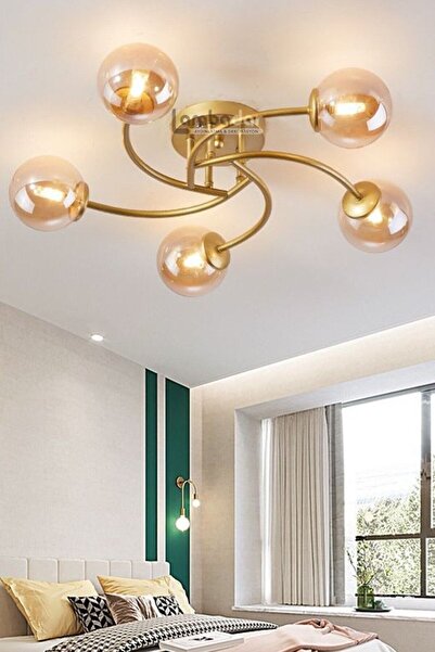 Lambadar Luxury Model Plafonyer Beşli Gold Modern Bal Camlı Avize