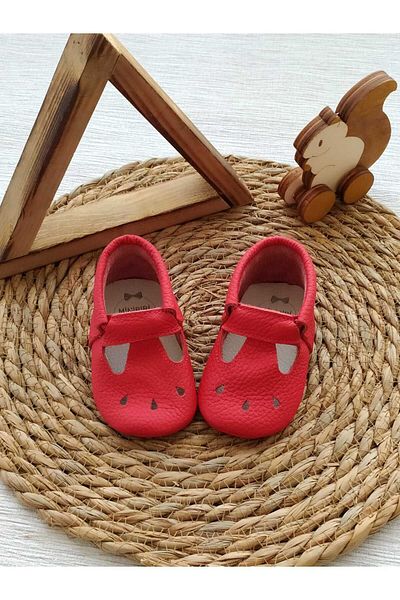 MİNİBİRİ Cozy Model Red Color Genuine Leather Baby Moccasin Booties First Step Shoes