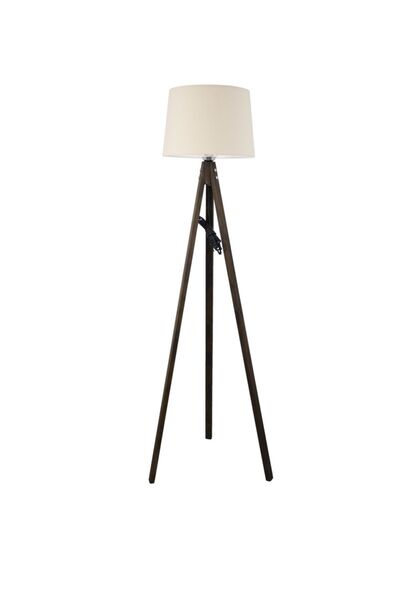 Lambadar Rustik Ahşap 3 Ayak Koyu Kahverengi Tripod Lambader Krem Konik Şapka