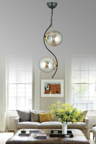 Lambadar Double Modern Globe Glass Curved Model Black Pendant Lamp Chandelier
