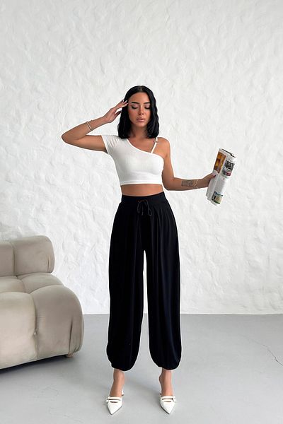 LACHT Women's Black Shalwar Modal Fabric Elastic Waist Trousers