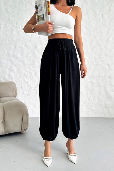 LACHT Women's Black Shalwar Modal Fabric Elastic Waist Trousers