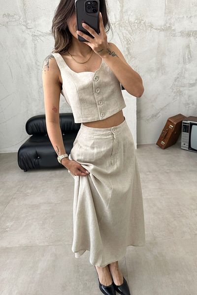 My Blog 100% Cotton Linen Set - Stone Buttoned Vest and Skirt
