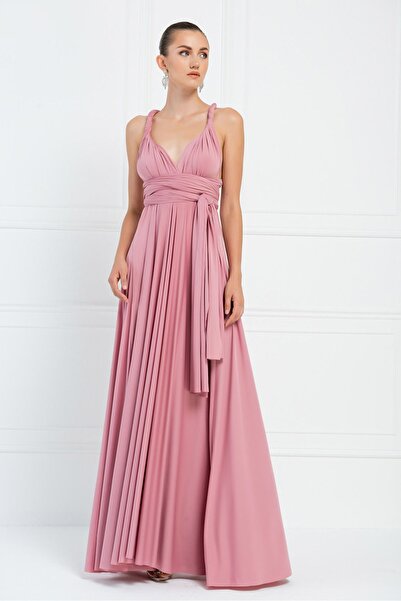 Kikiriki V Yaka Kolsuz Pileli Uzun Elbise